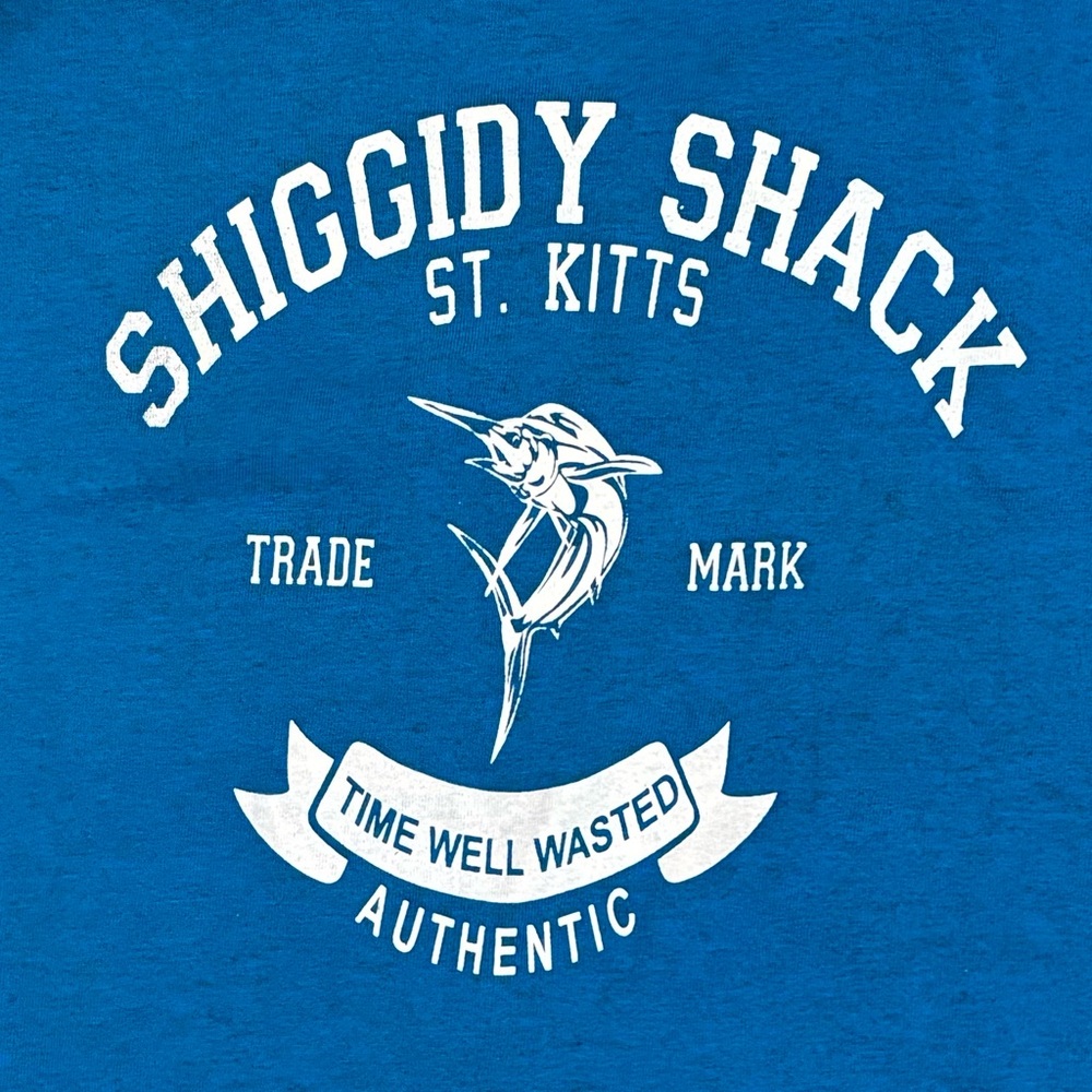 Mr. X’s Shiggidy Shack Caribbean Beach Bar Blue White Marlin T Shirt Size L - Picture 1 of 4